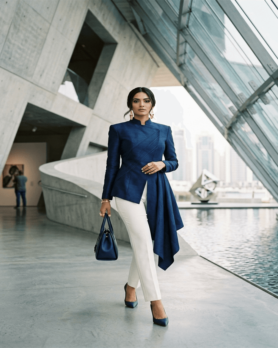 VAANYA design atelier: contemporary Indian designer draping silk textiles in a sunlit architectural studio