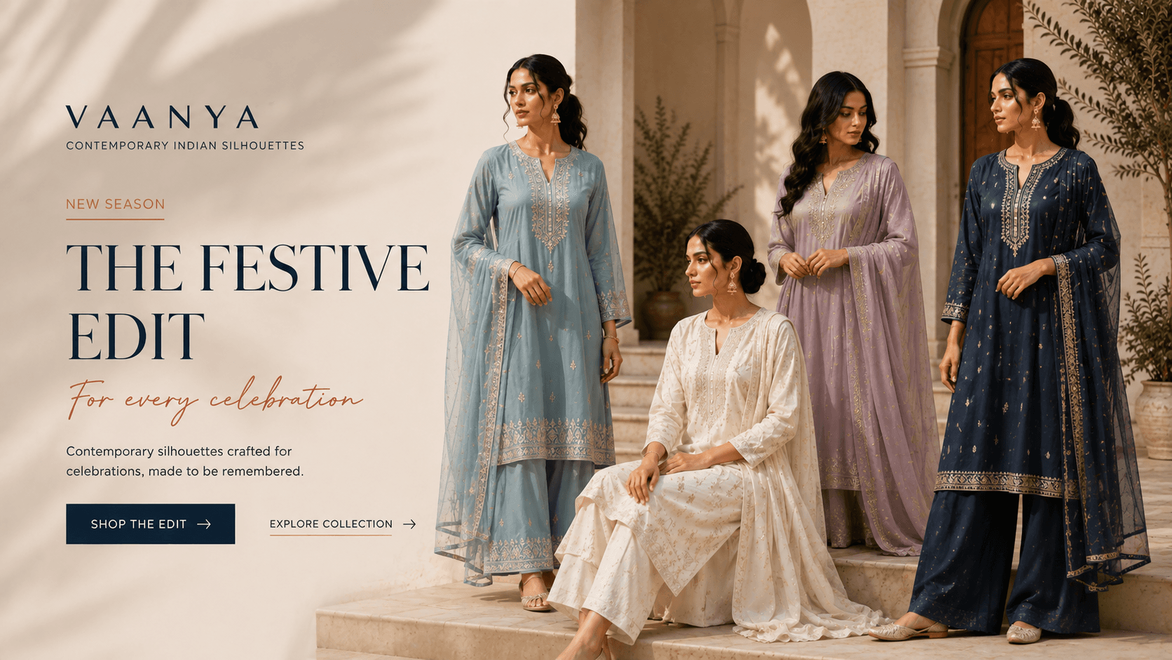 The Festive Edit contemporary Indian fashion campaign featuring silk and organza ensembles