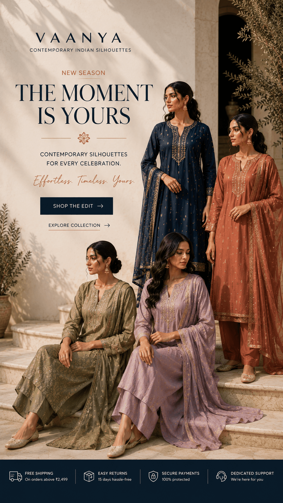 The Festive Edit contemporary Indian fashion campaign featuring silk and organza ensembles