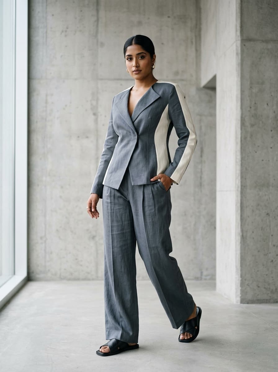 Modern tailored linen co-ord set with relaxed silhouette and architectural cut
