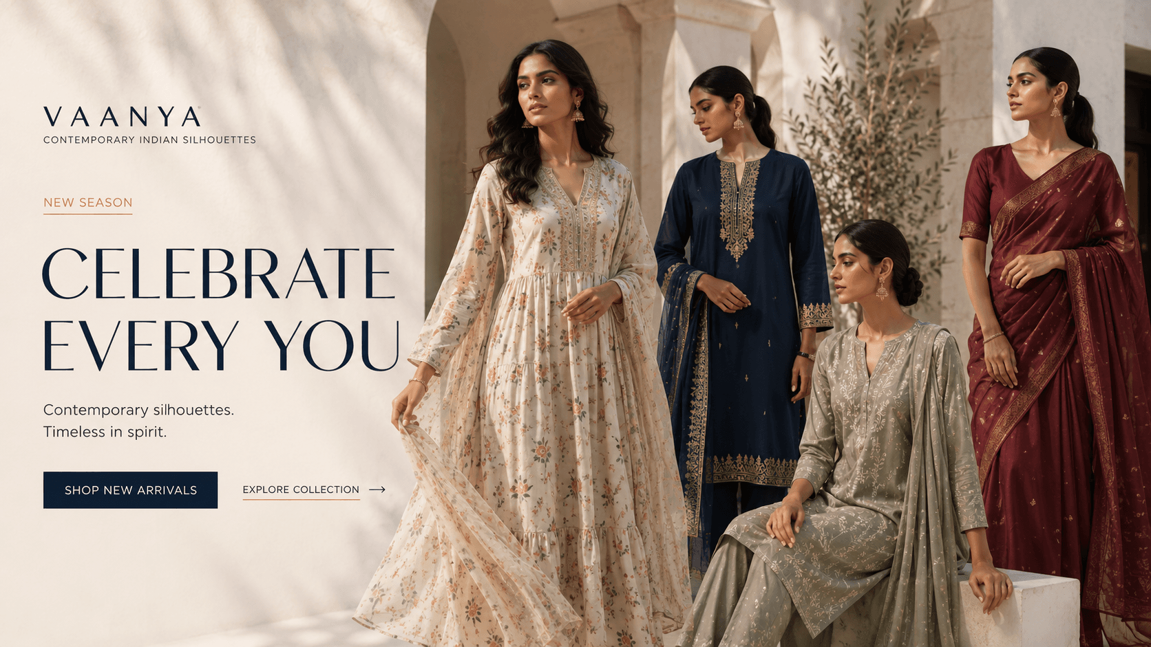 Contemporary Indian model in modern tailored festive ensemble