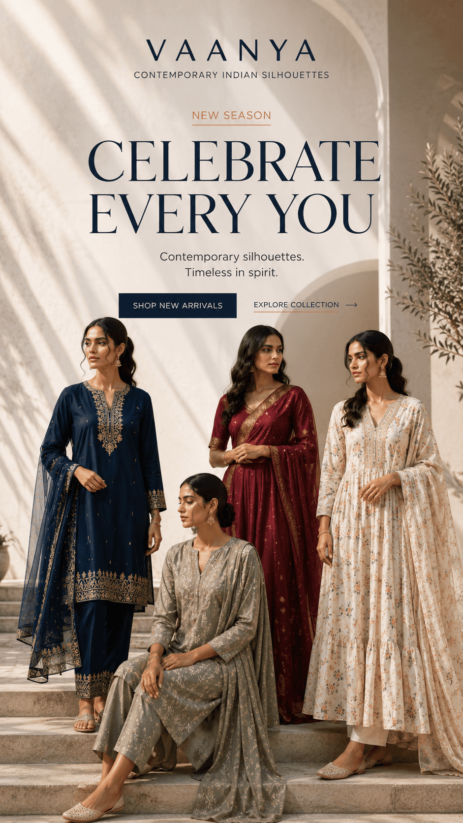 Contemporary Indian model in modern tailored festive ensemble