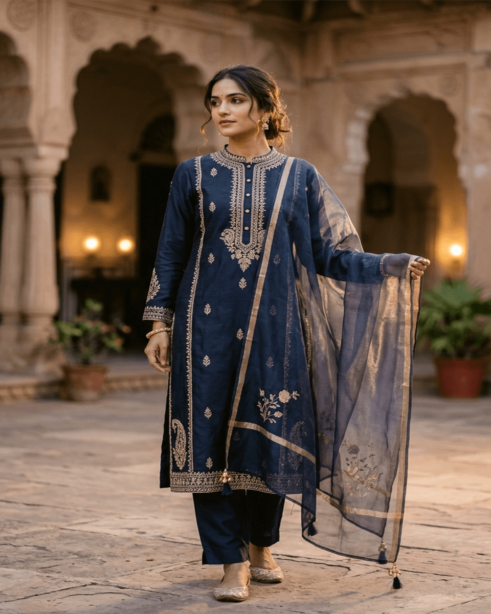Festive Evening contemporary Indian silhouette styling with embroidered kurta set and organza dupatta