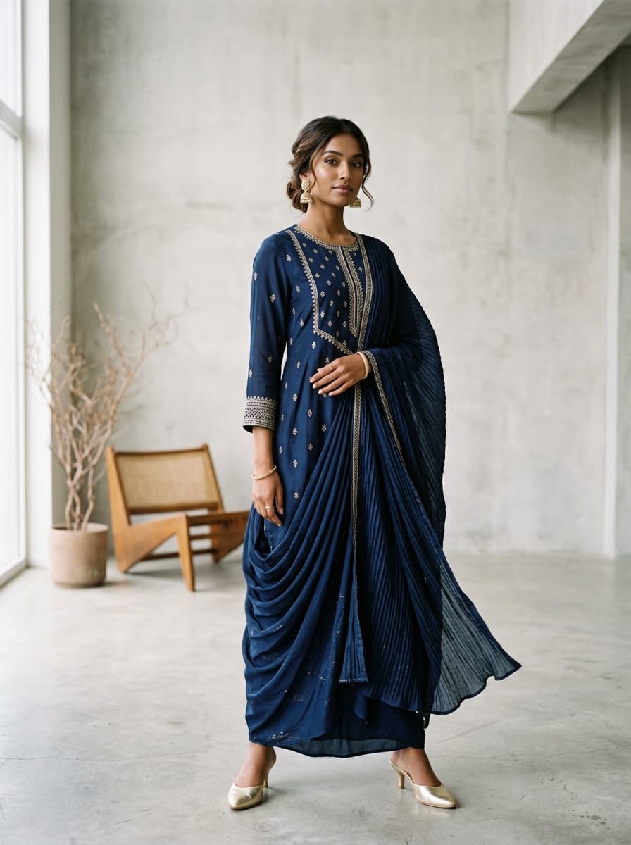 Deep navy wrap-style angrakha kurta with zardozi tie-up and flared sharara