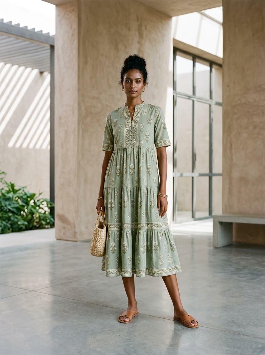 Sage green hand-block printed cotton tiered midi dress with mandarin collar