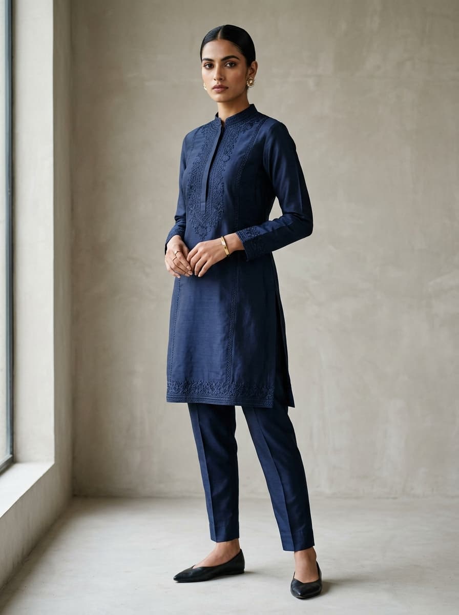 Deep navy embroidered Chanderi kurta set with tailored trousers and sheer dupatta