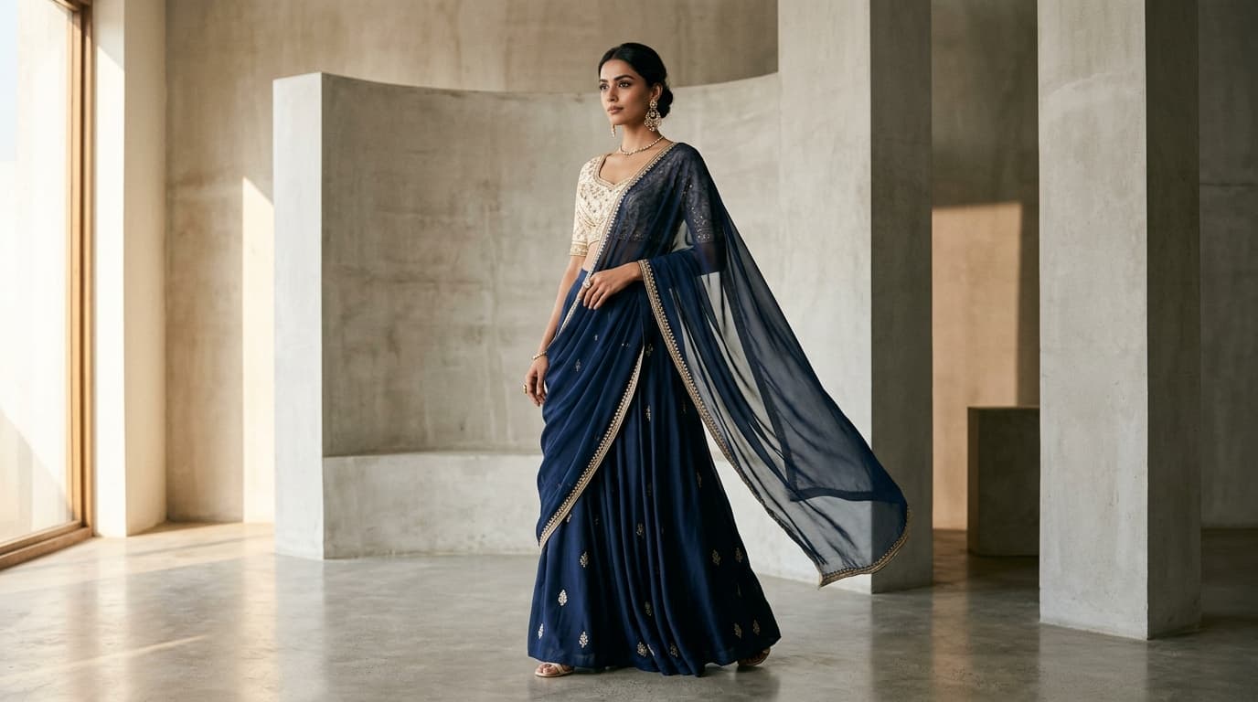 Powder blue pure silk chiffon saree with delicate hand-painted botanical motifs