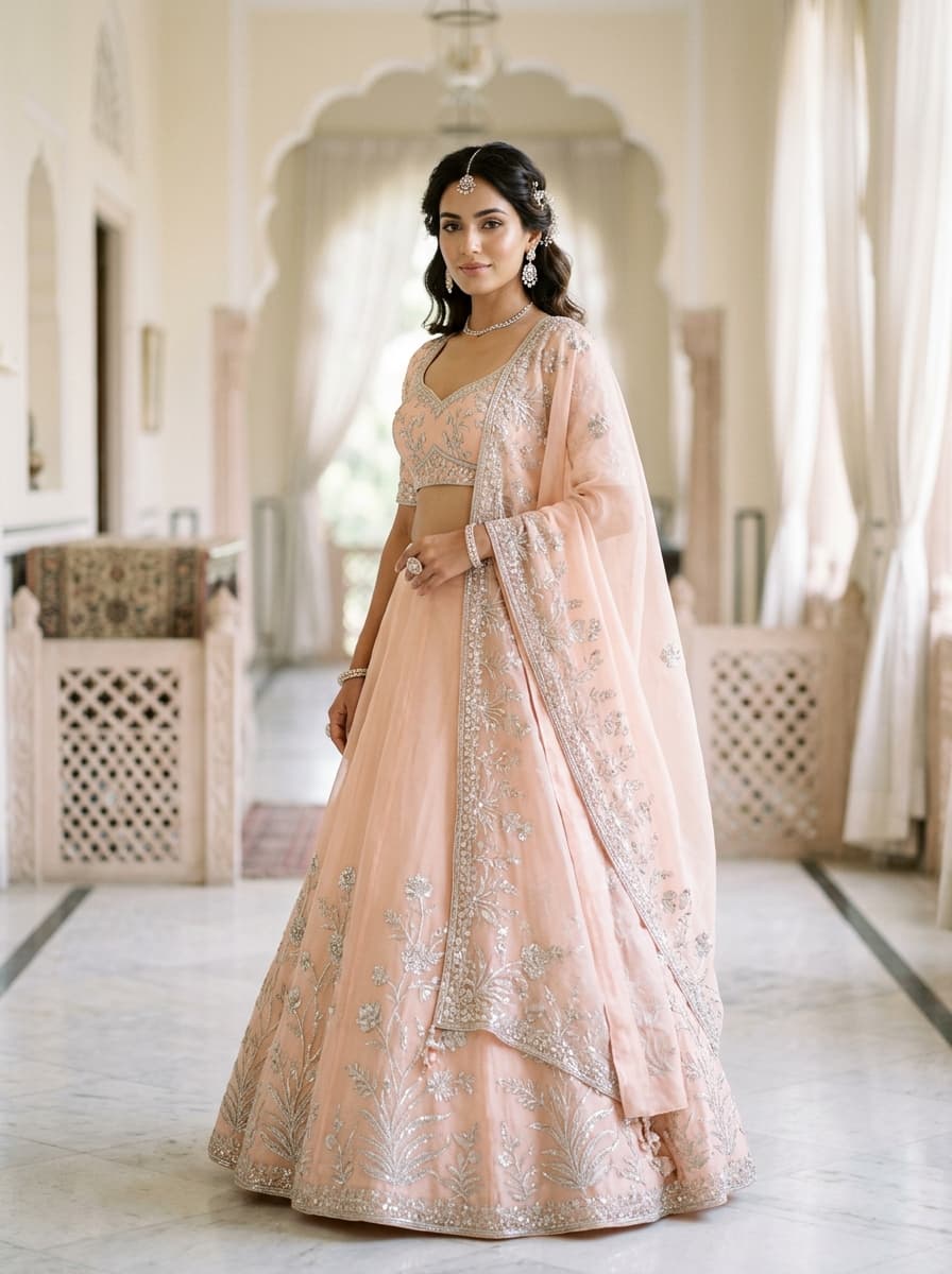 Dusty rose translucent tissue organza saree with delicate hand-embroidered border