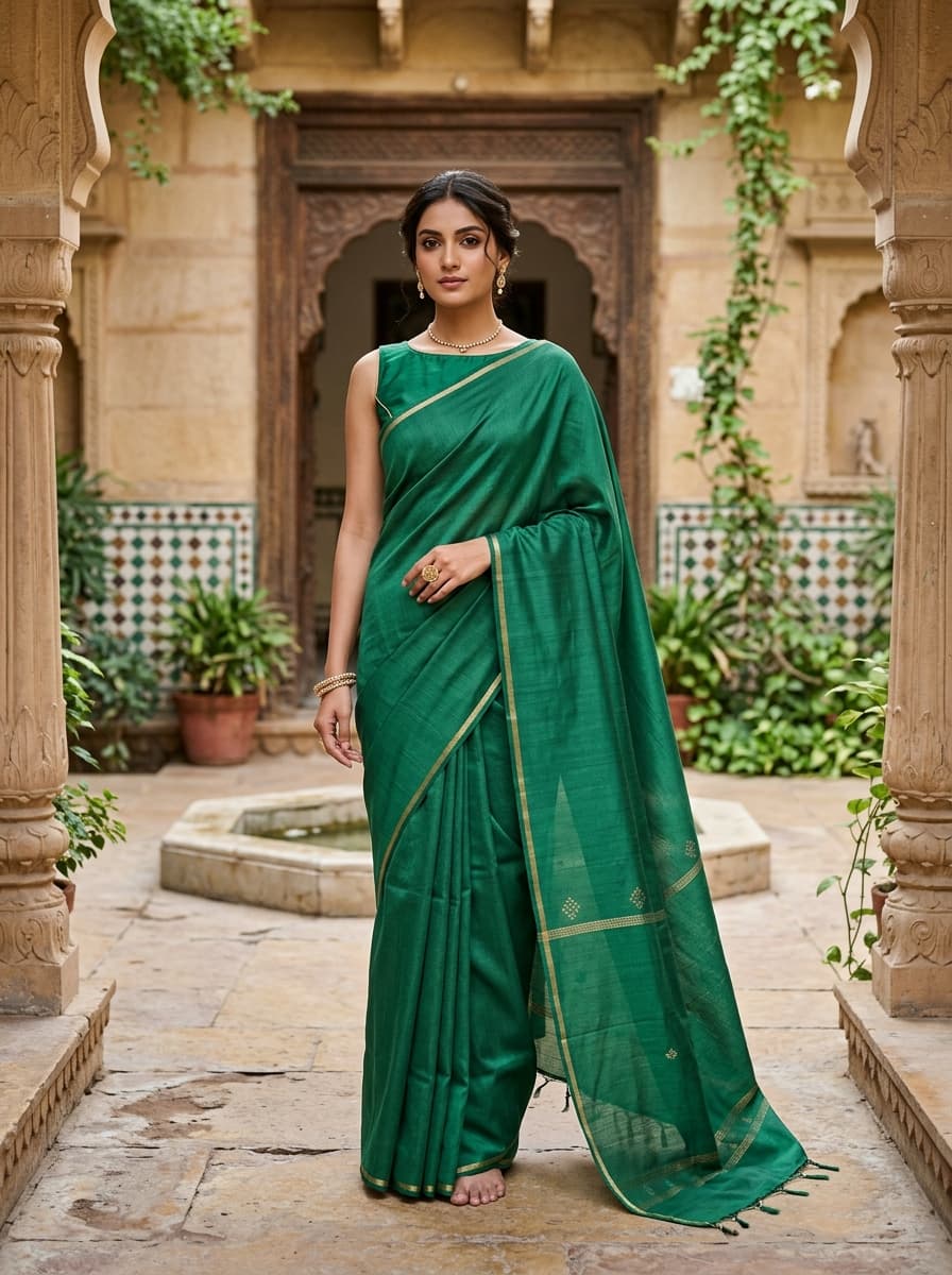 Emerald green handwoven Mulberry silk saree with minimalist silver zari border