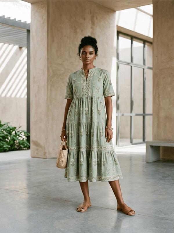 Tiered block-printed midi dress styled for Sunday brunch